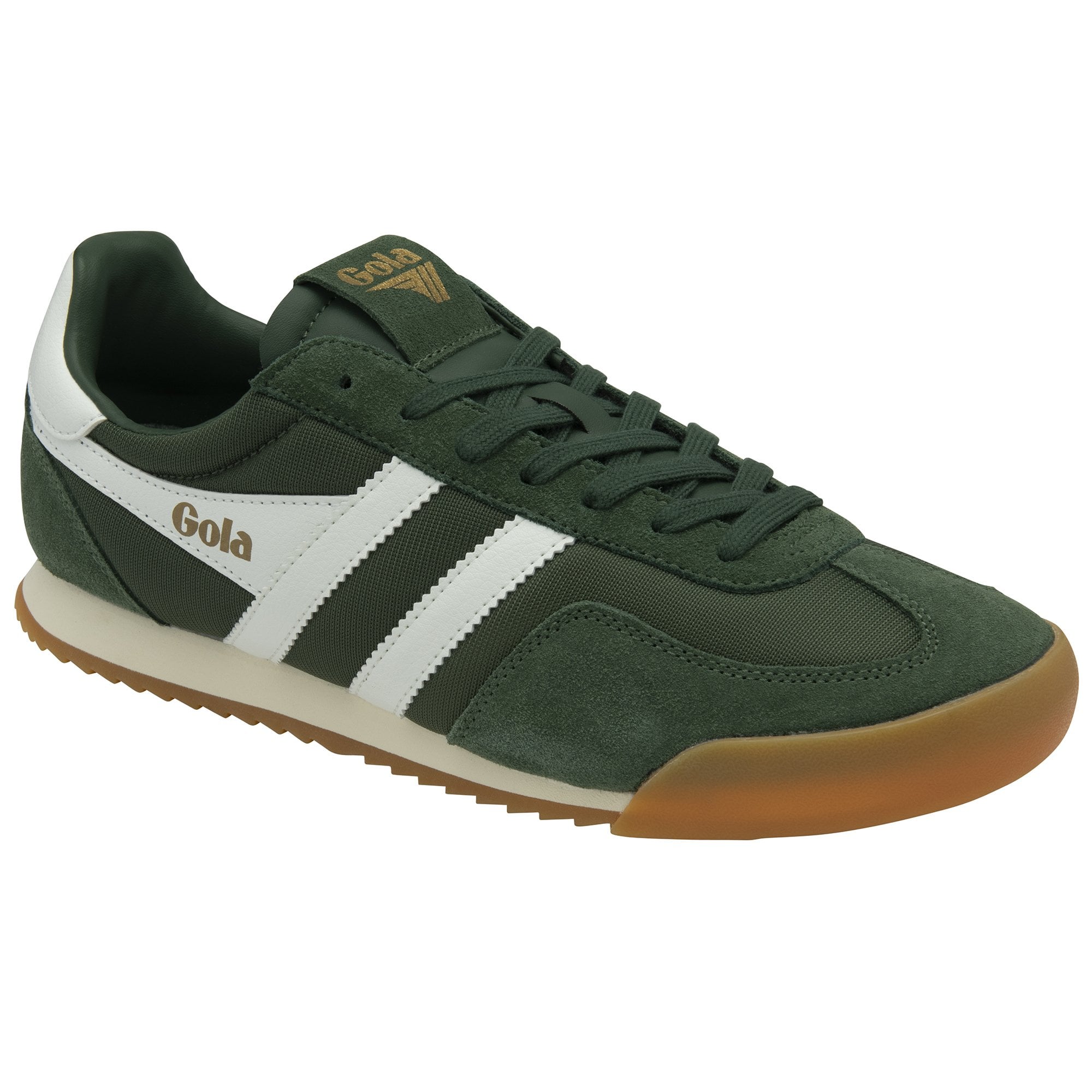 Forest green Gola trainer with white stripes and a brown sole on a white background.