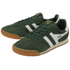 Pair of forest green Gola trainers with white stripes and brown soles.