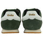 Rear view of two forest green Gola trainers with white heel accents.