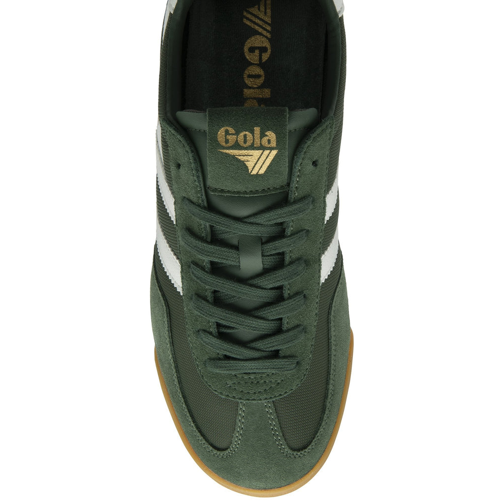 Top-down view of a forest green Gola trainer with white stripes and white laces.