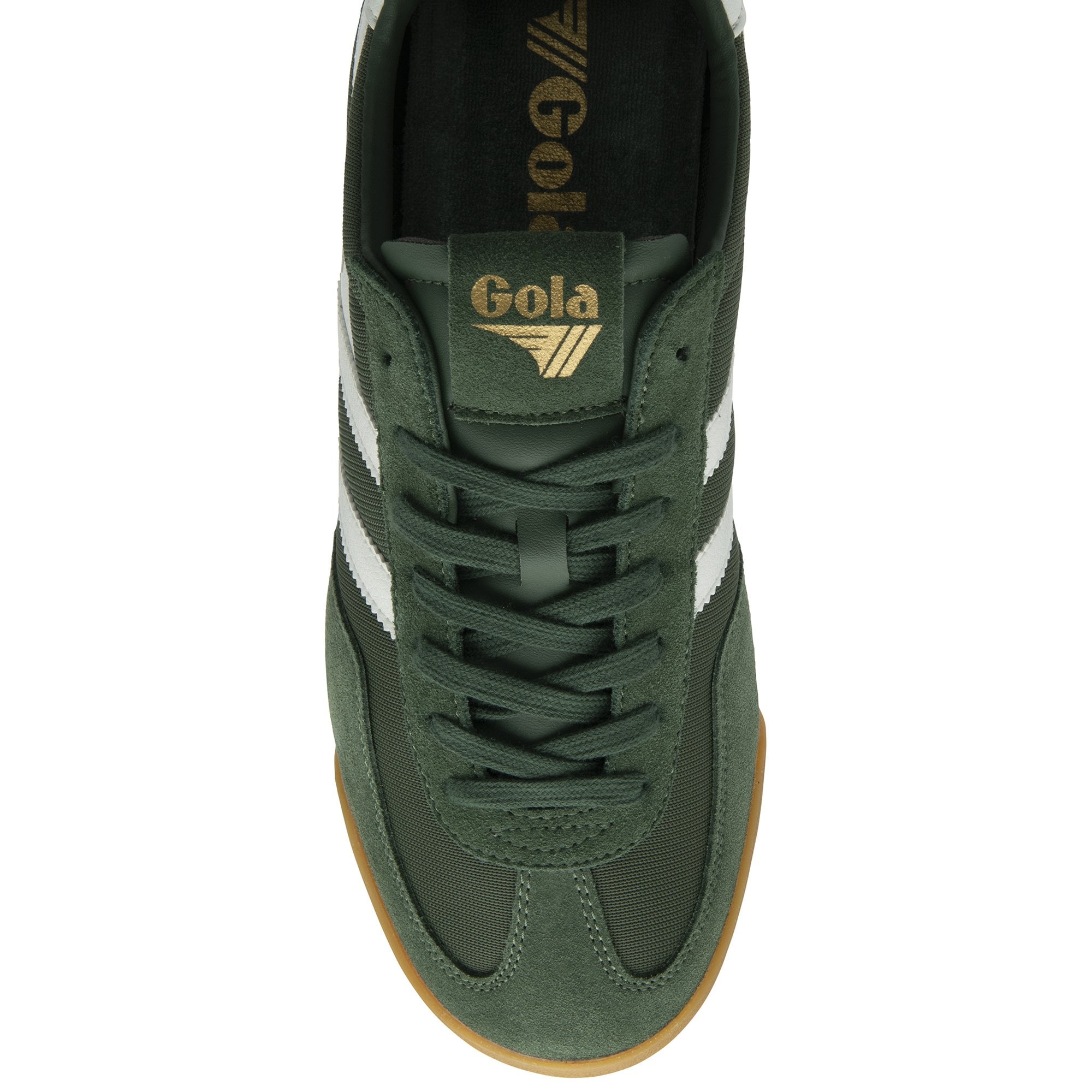 Top-down view of a forest green Gola trainer with white stripes and white laces.
