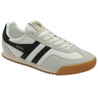 A white and black Gola Harrier Trainer sneaker, angled slightly to the right.