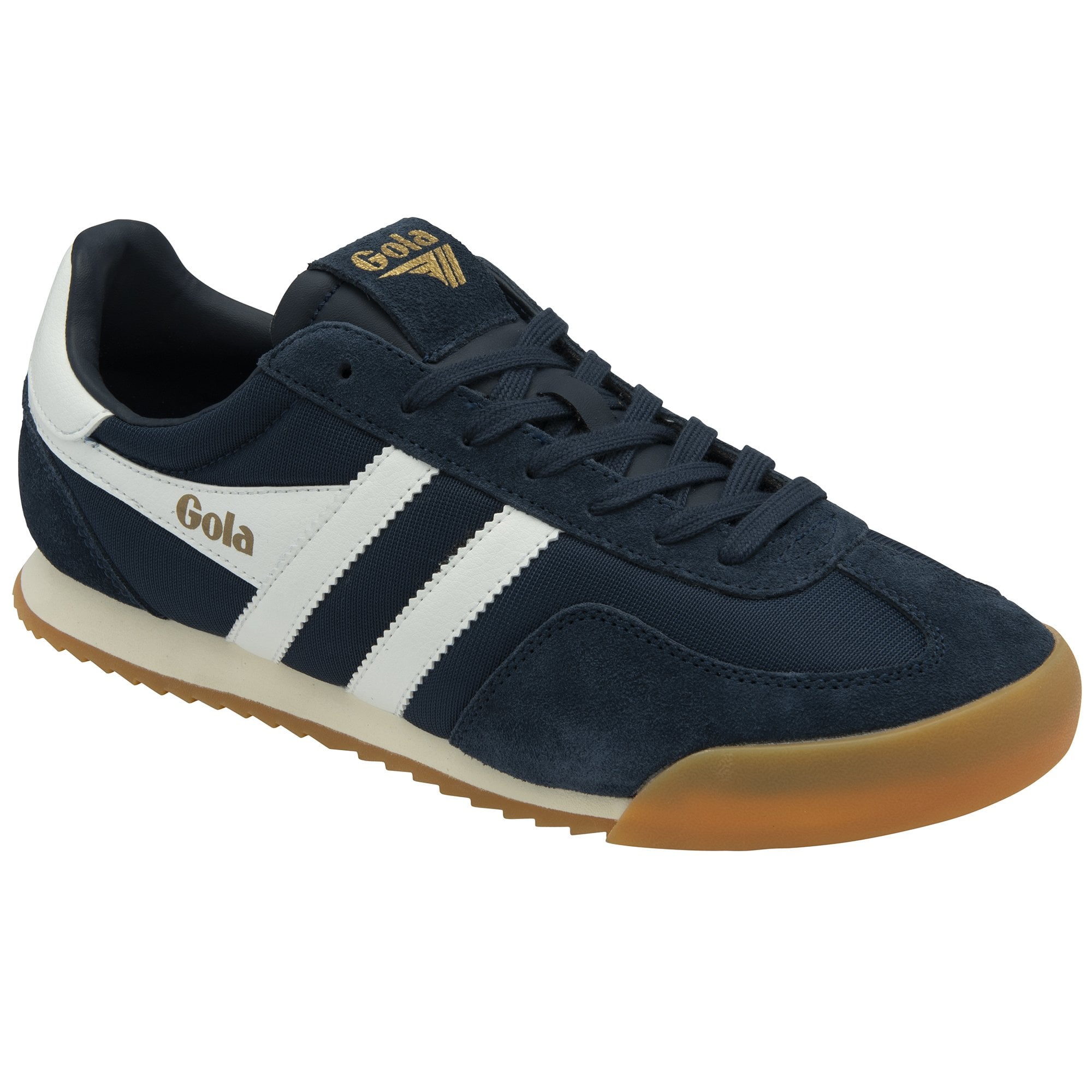 A single navy blue Gola trainer with white stripes and a gum sole, viewed from an angle.