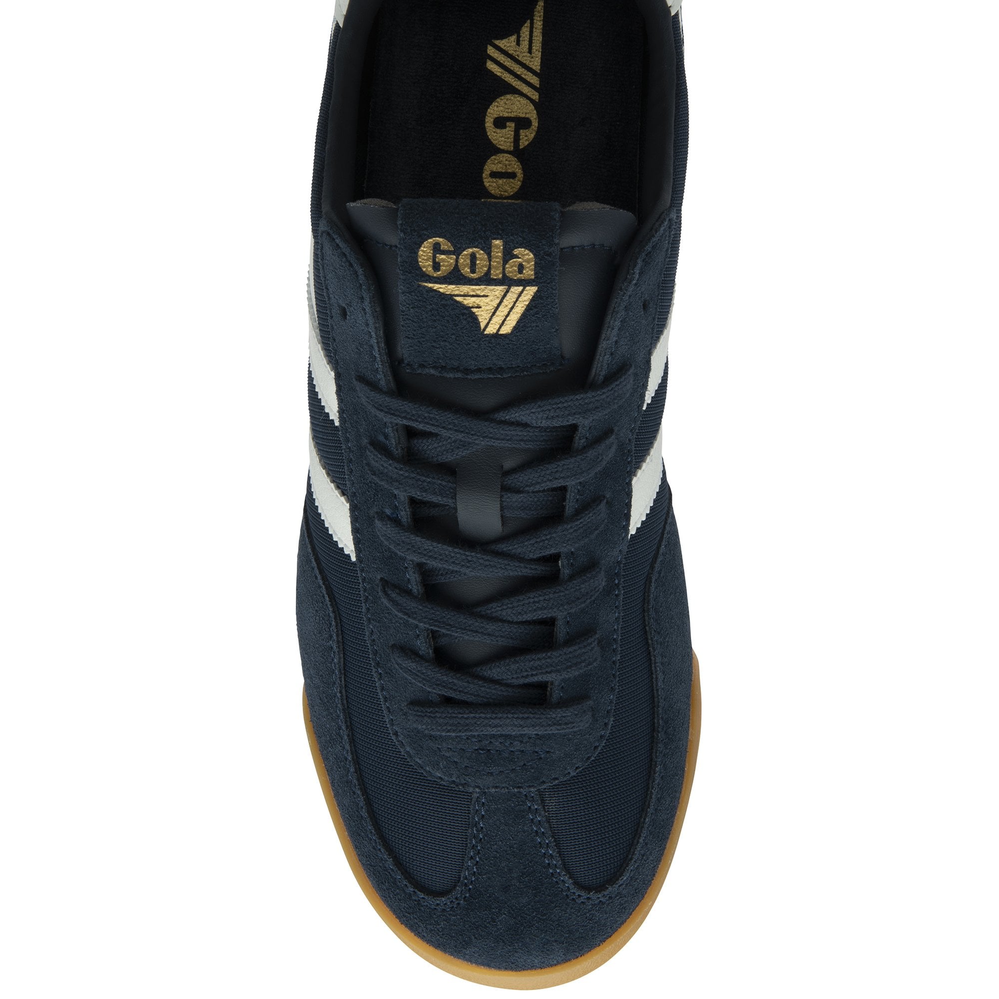 A single navy blue Gola trainer with white stripes and a gum sole, viewed from above.
