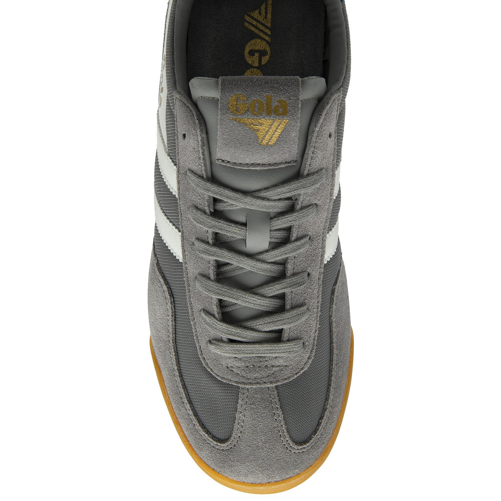 A top-down view of a grey Gola sneaker with white stripes and gold branding.