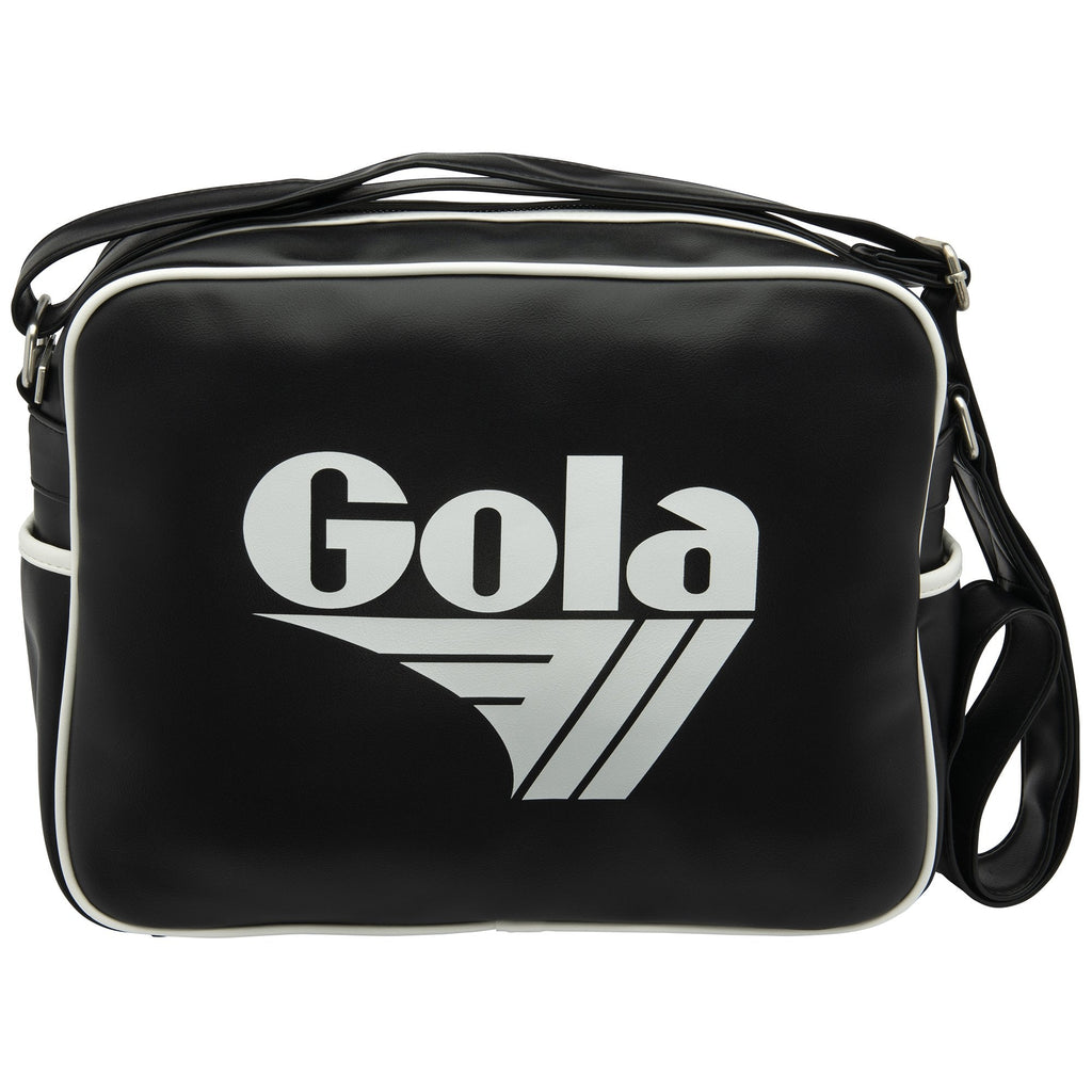 Front view of a black Gola sports bag with white trim and logo.