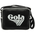 Front view of a black Gola sports bag with white trim and logo.