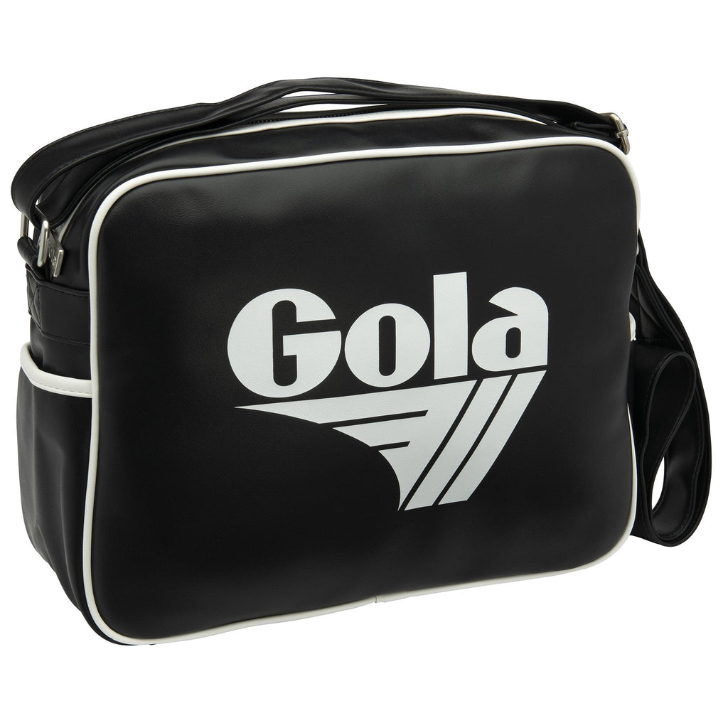 Angled front view of a black Gola sports bag with white trim and logo.