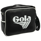Angled front view of a black Gola sports bag with white trim and logo.