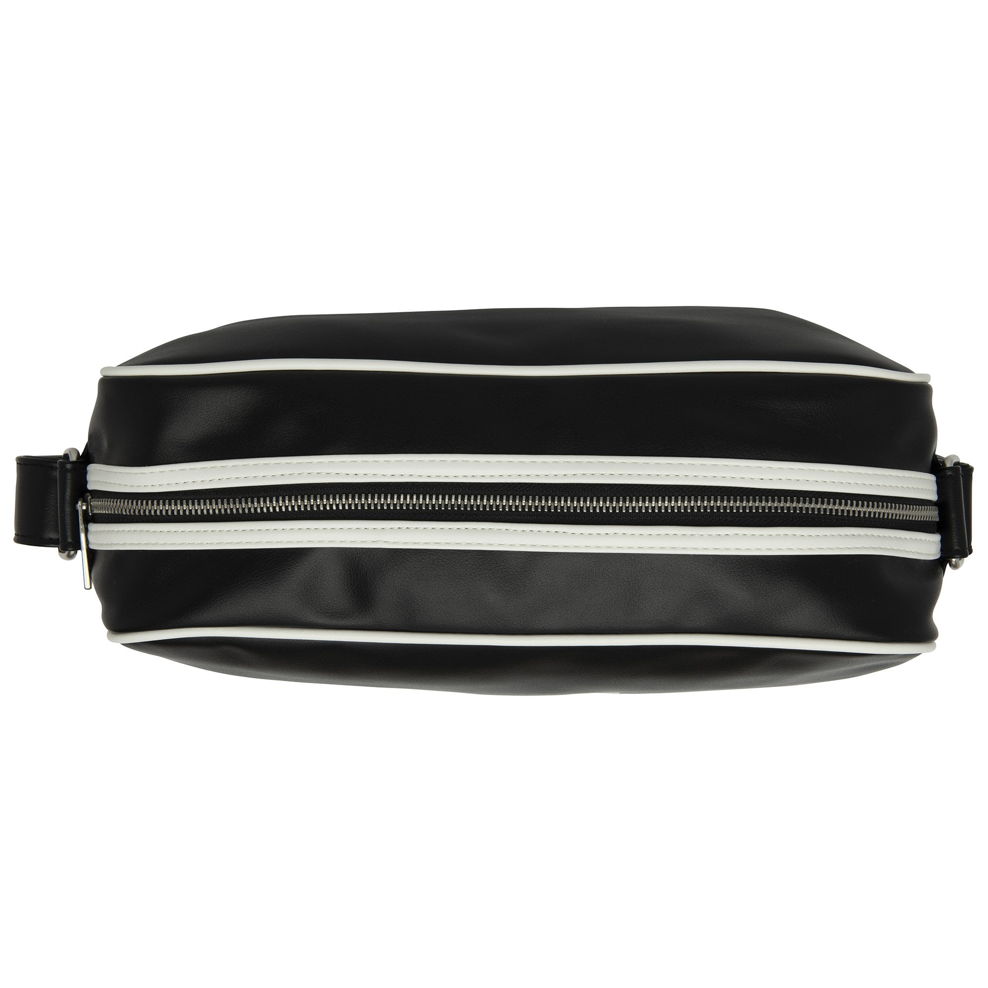 Top view of a black Gola sports bag with white double stripes and trim.