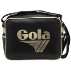 Black Gola messenger bag with cream trim and large cream Gola logo on the front.