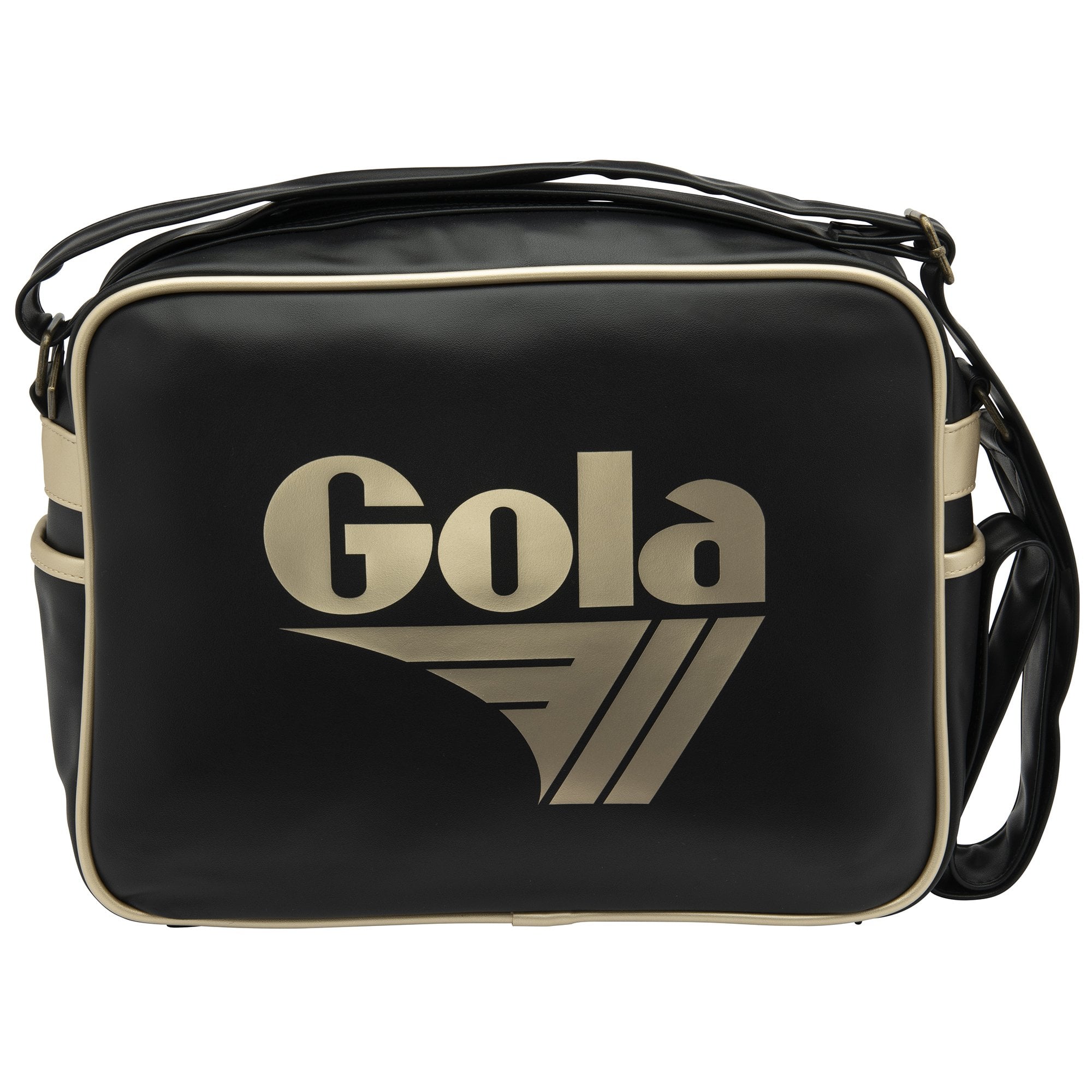 Black Gola messenger bag with cream trim and large cream Gola logo on the front.
