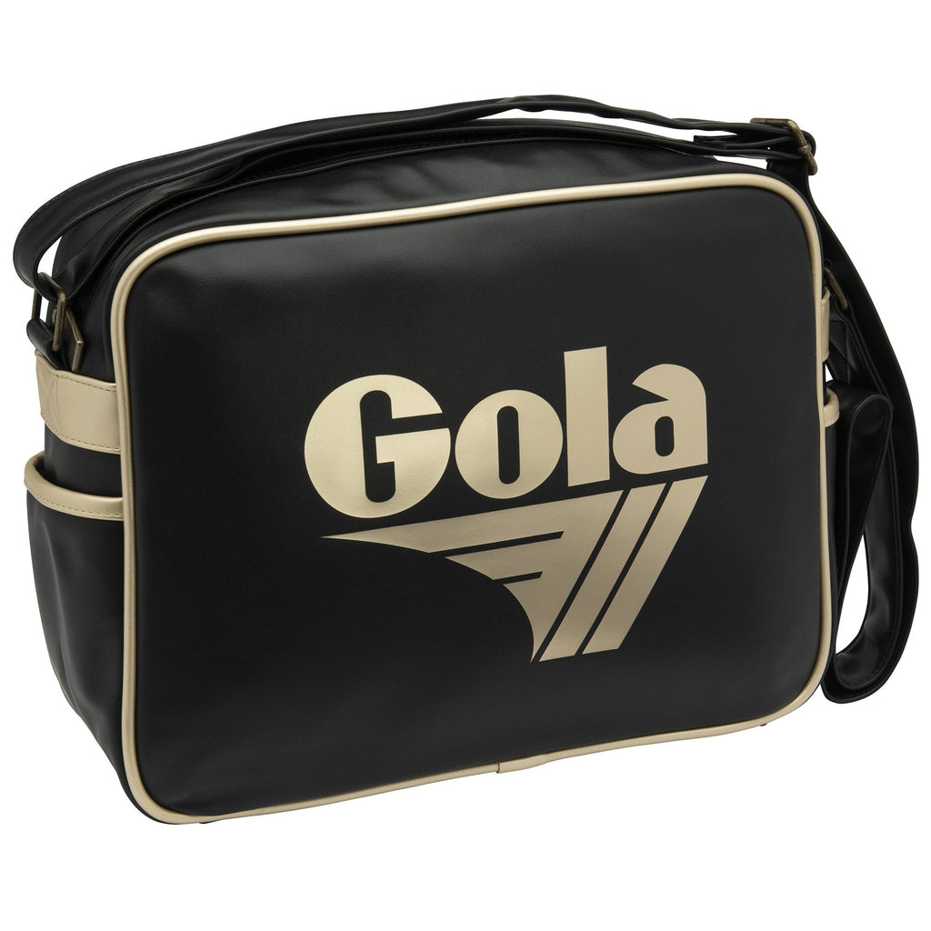 Black Gola messenger bag with cream trim and large cream Gola logo on the front.