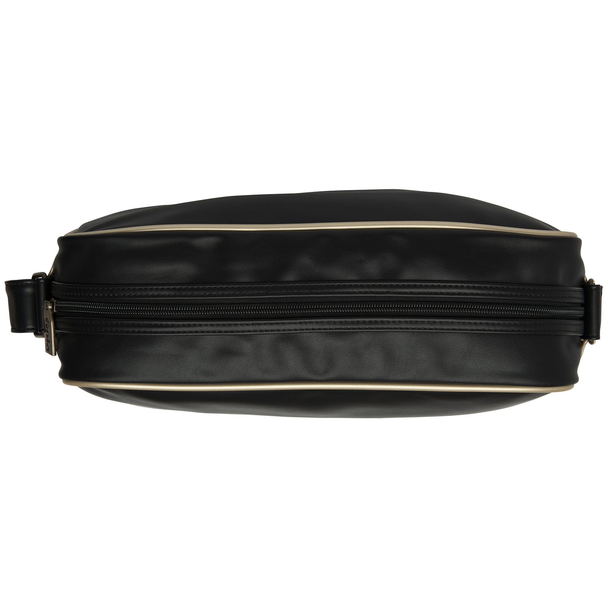 Top view of a black Gola messenger bag with cream trim.