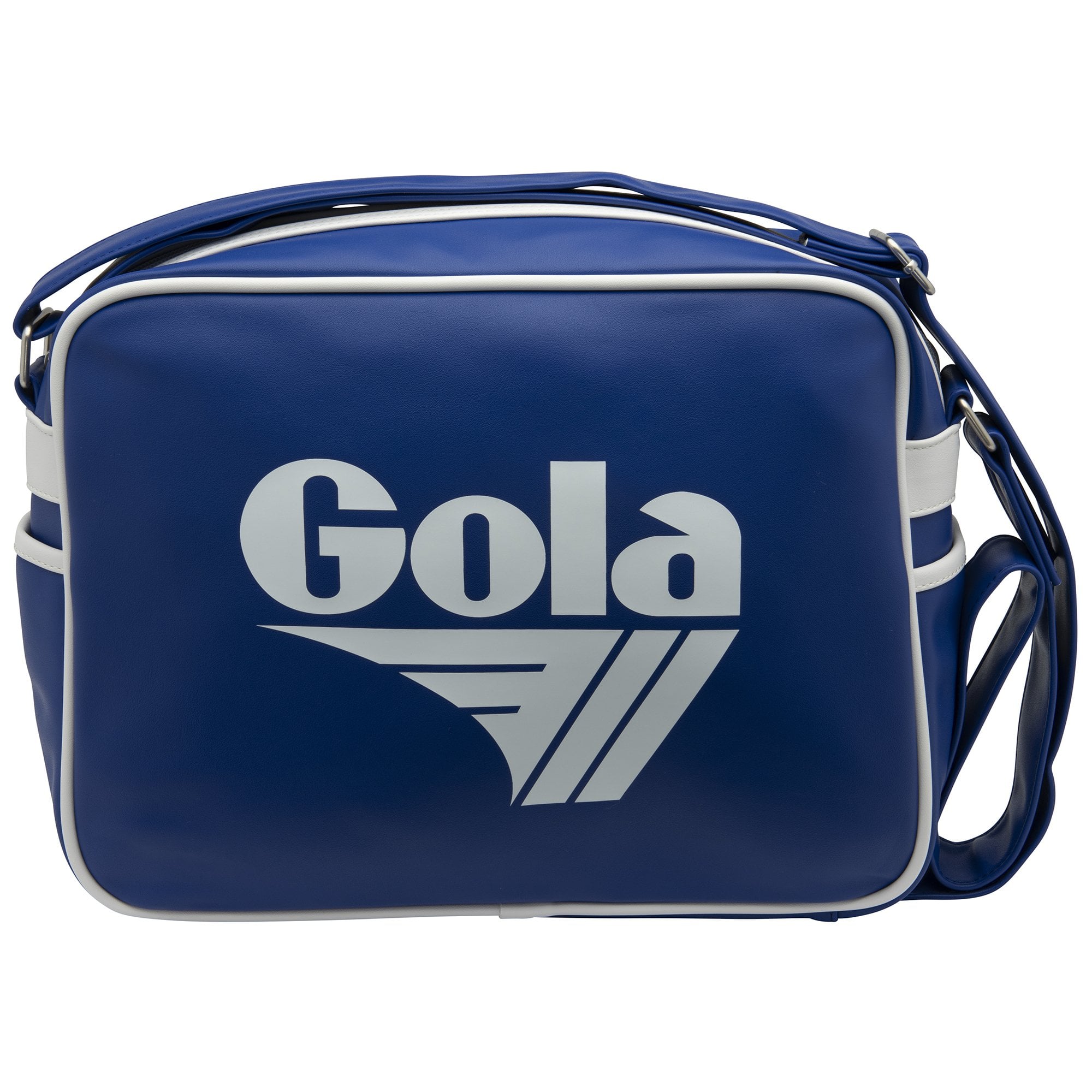 Front view of a blue Gola satchel with white trim and logo.