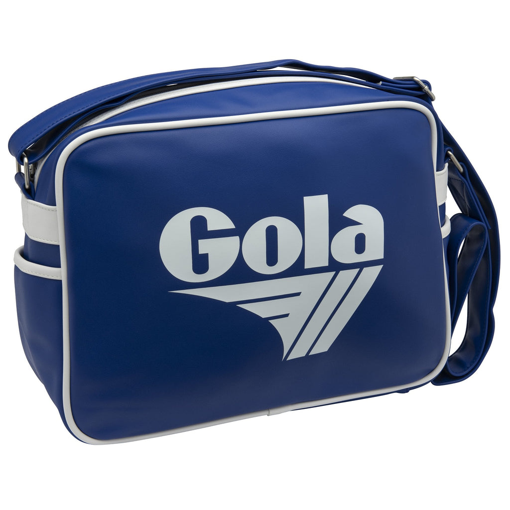 Angled front view of a blue Gola satchel with white trim and logo.