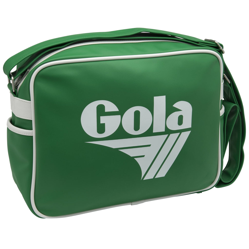 Angled view of green Gola bag with white logo and trim.