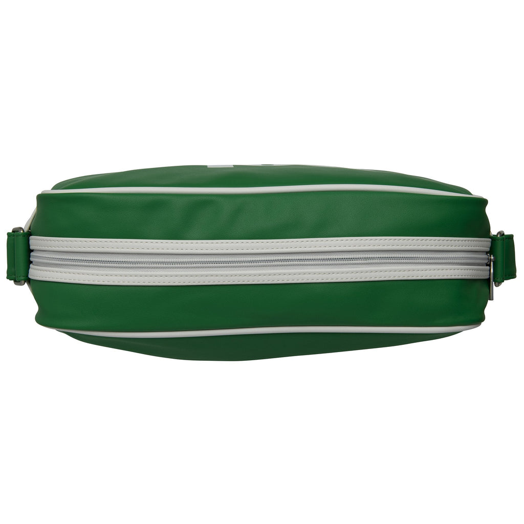 Top view of green Gola bag with white zipper.