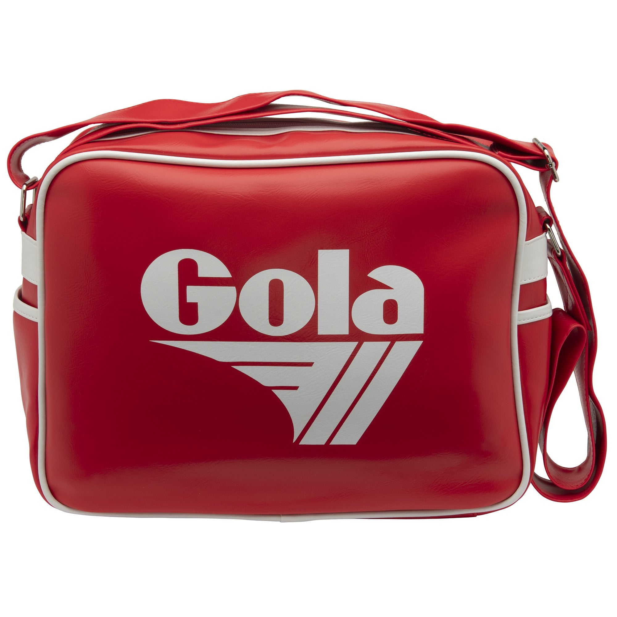 A red Gola messenger bag with a white logo and white piping, displayed on a white background.