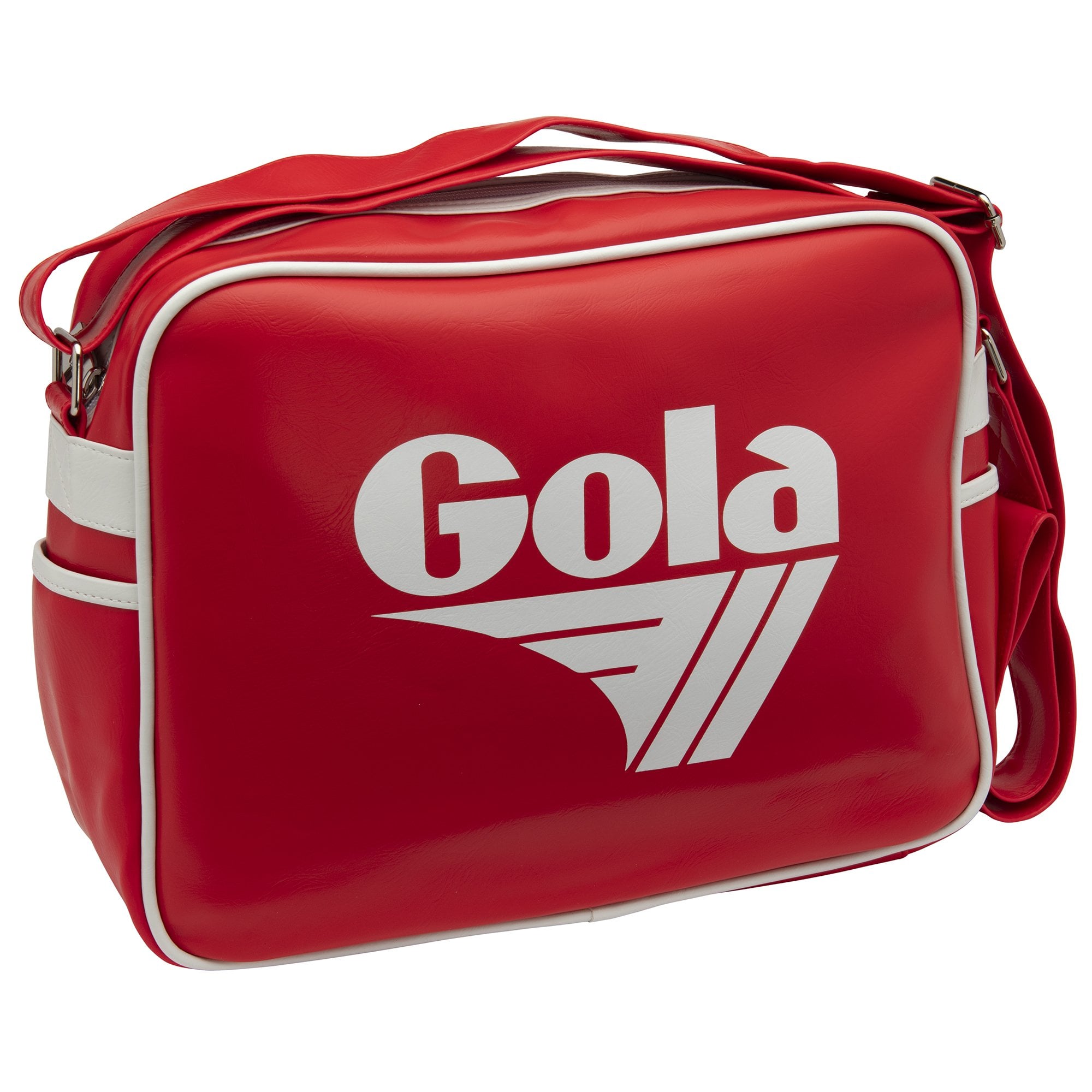 A red Gola messenger bag with a white logo and white piping, shown from an angle.