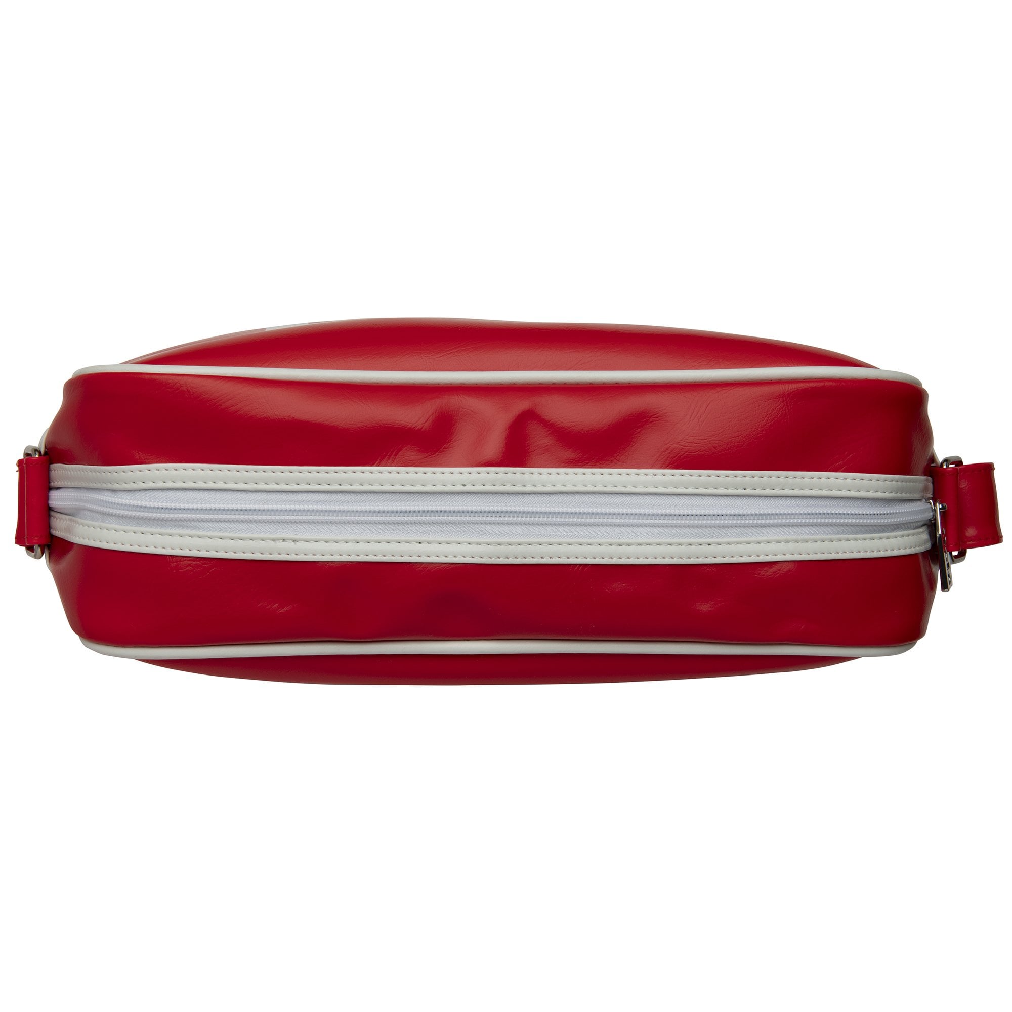 Top view of a red Gola messenger bag, highlighting the white zipper and trim.