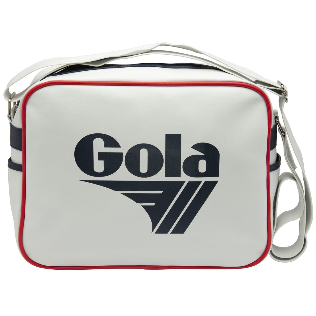White Gola messenger bag with navy logo and red piping, front view.