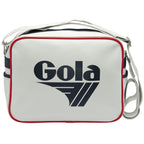 White Gola messenger bag with navy logo and red piping, front view.