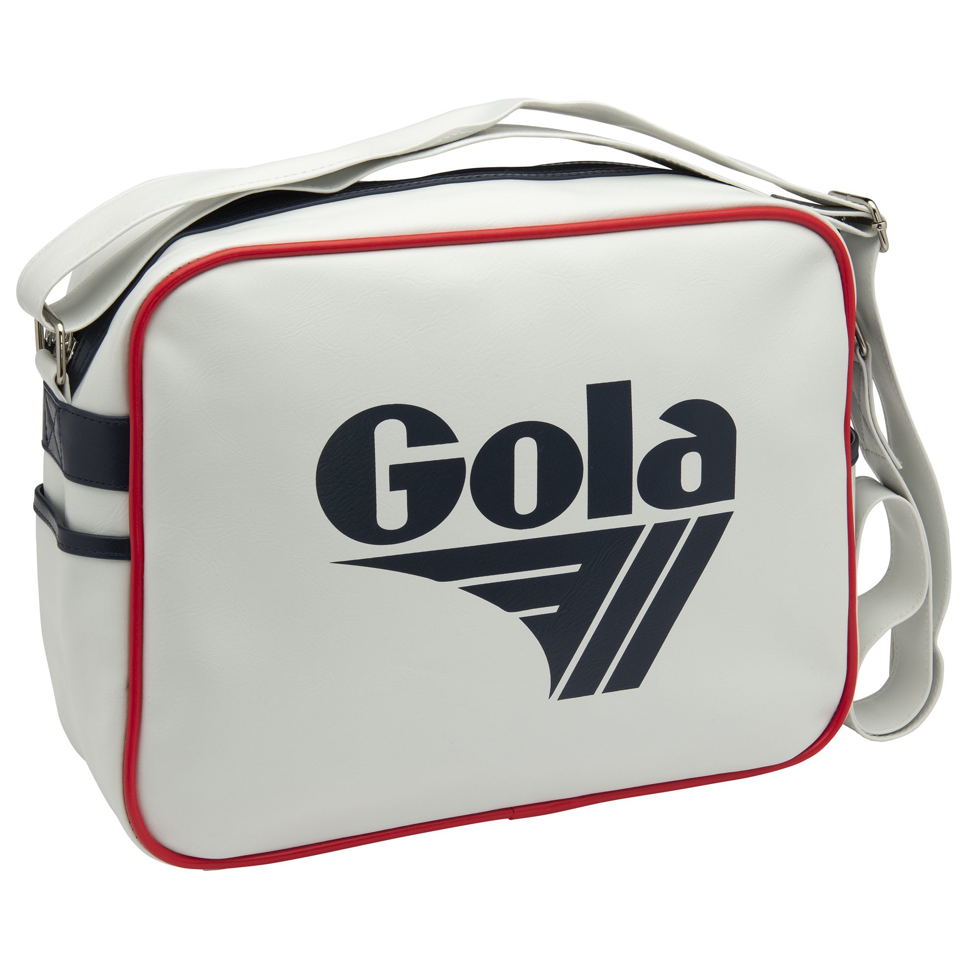 White Gola messenger bag with navy logo and red piping, angled view.