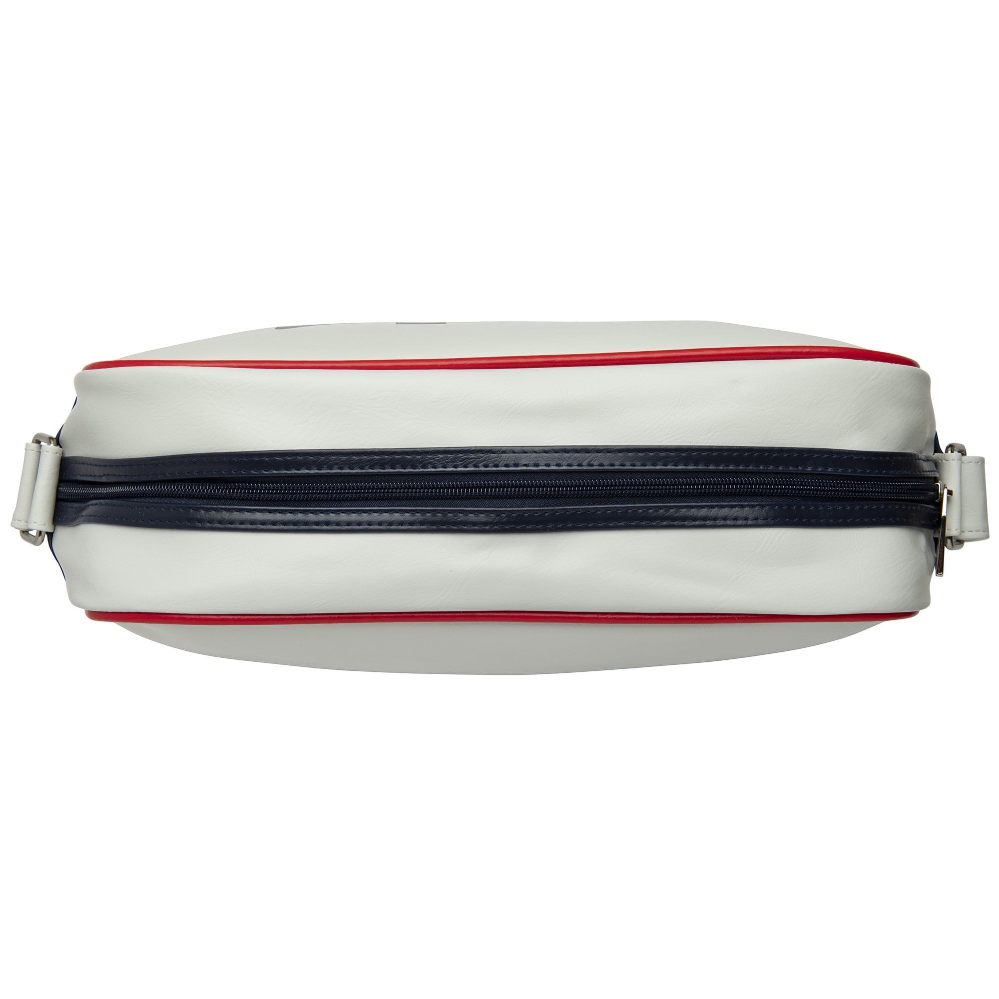 White Gola messenger bag with navy stripe and red piping, top view.