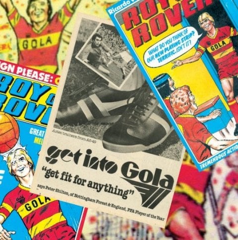 Vintage Gola advertisements featuring football players and athletic shoes.