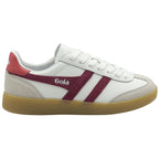 Side profile of white Gola sneakers with maroon stripes and gum sole.