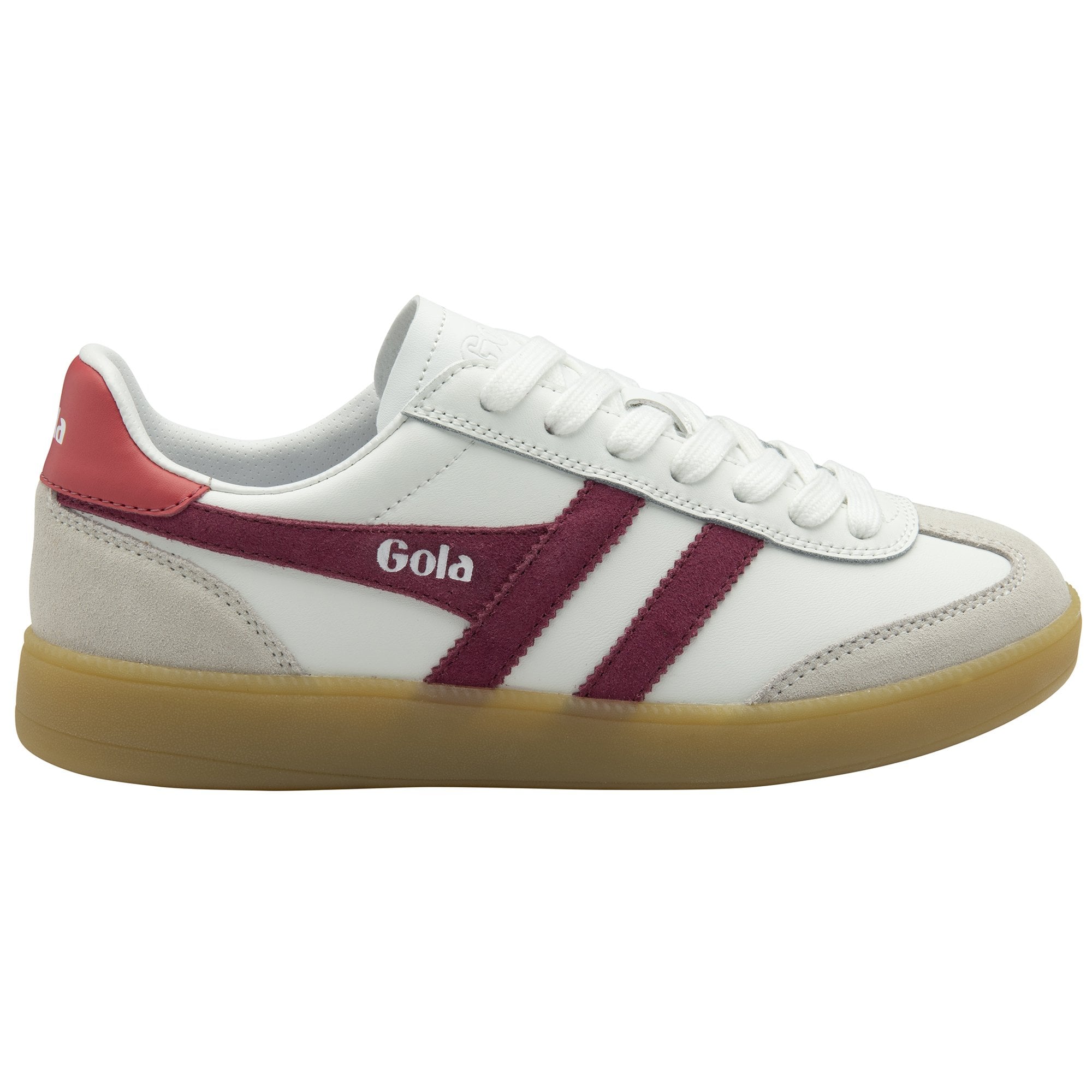Side profile of white Gola sneakers with maroon stripes and gum sole.