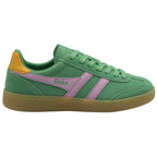 Side profile of a green Gola sneaker with pink stripes and a yellow heel tab.