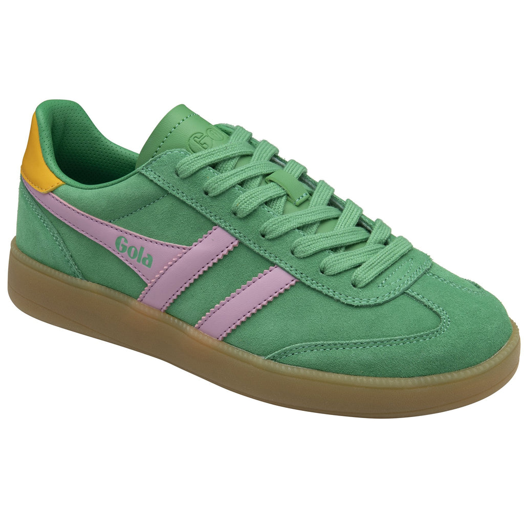 Right side view of a green Gola sneaker with pink stripes and a yellow heel tab.