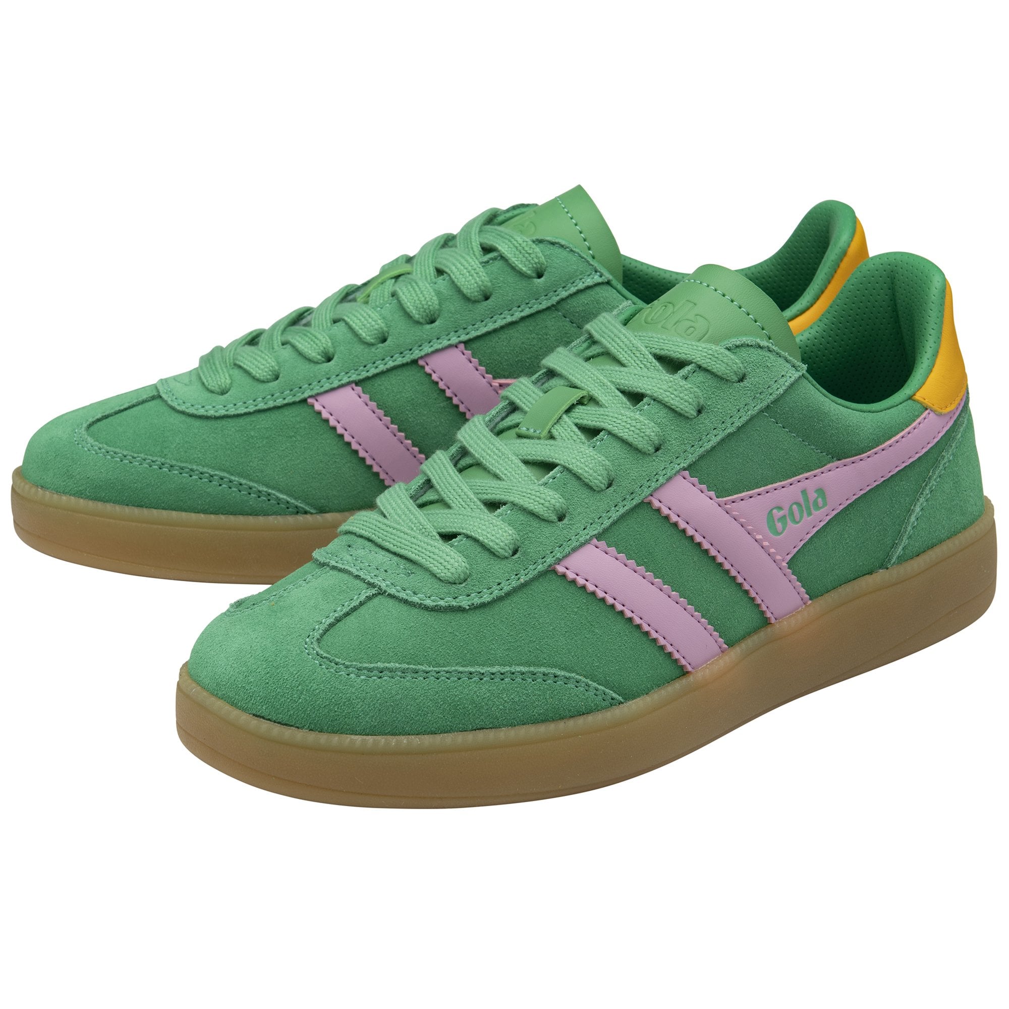 Pair of green Gola sneakers with pink stripes and yellow heel tabs.
