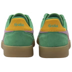 Back view of a pair of green Gola sneakers with yellow heel tabs.