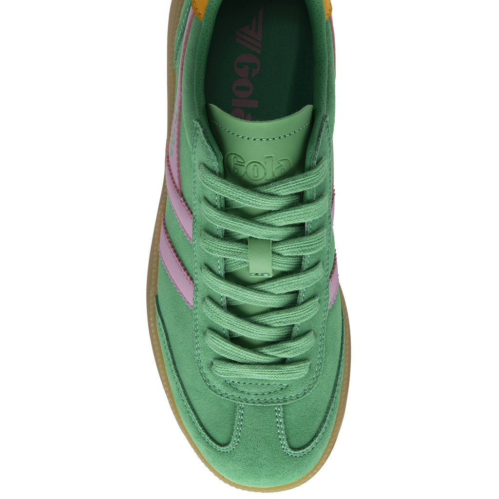 Top down view of a green Gola sneaker with pink stripes and green laces.