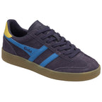 Angled view of a single Gola men's sneaker in navy with blue and yellow accents.