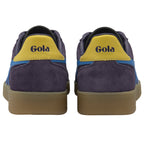 Rear view of a pair of Gola men's sneakers in navy with yellow heel tabs.