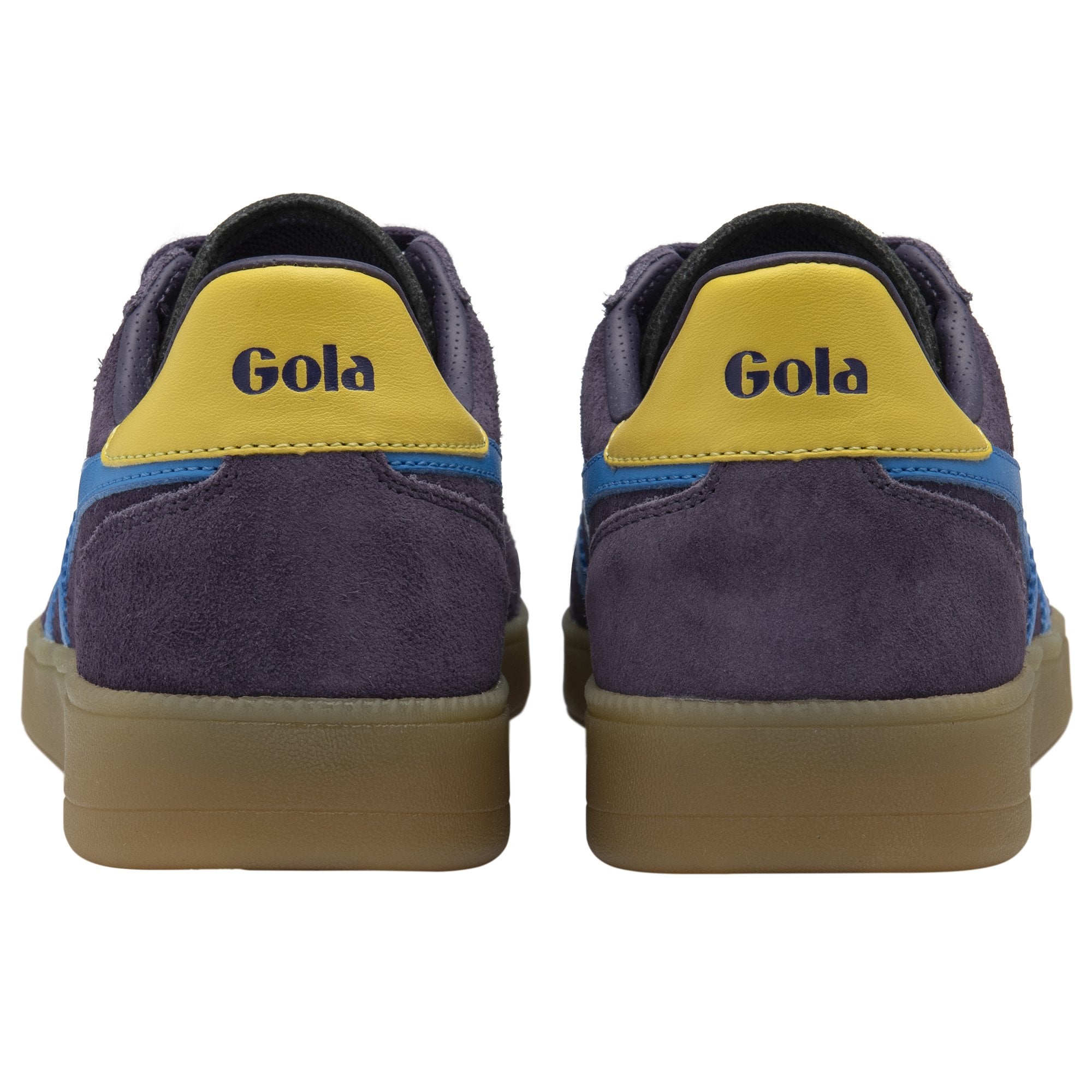 Rear view of a pair of Gola men's sneakers in navy with yellow heel tabs.