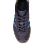 Top down view of a single Gola men's sneaker in navy with blue stripes.
