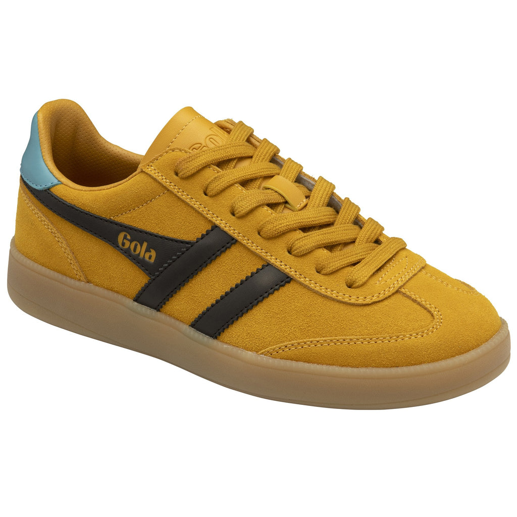 Angled view of a Gola shoe with a brown sole, yellow suede upper, and blue accent.