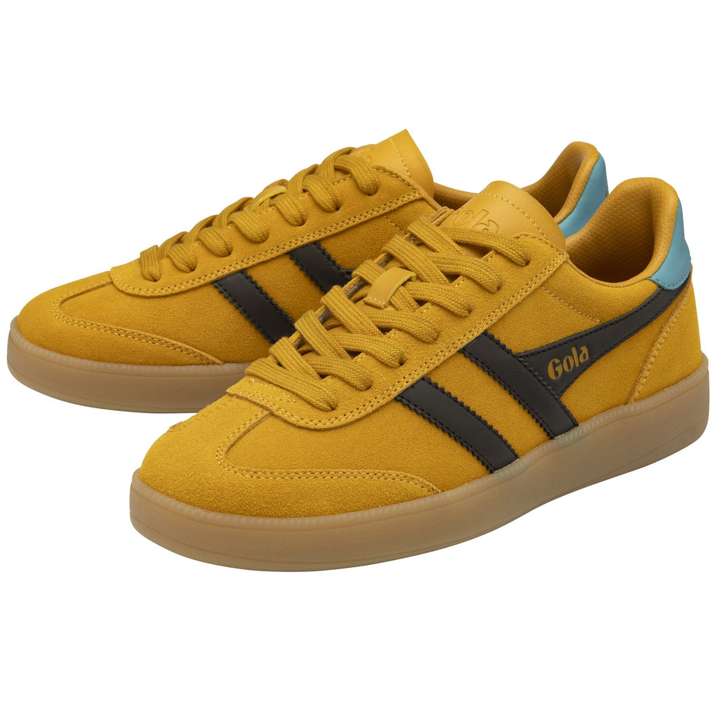 Pair of Gola shoes with brown soles, yellow suede uppers, and blue accents.