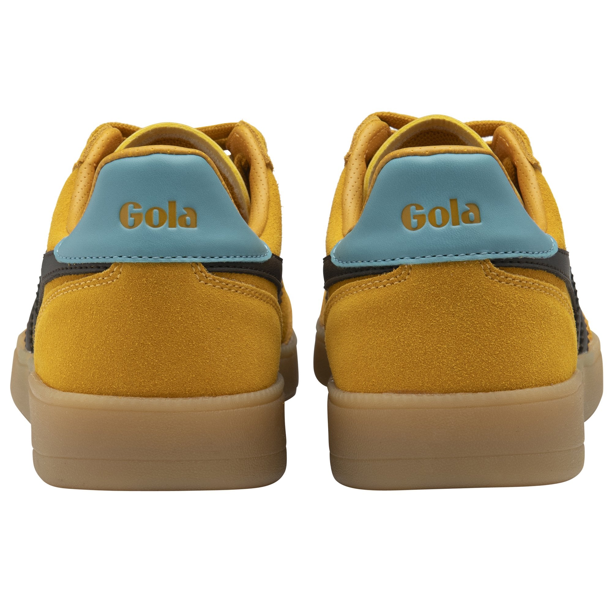 Back view of a pair of Gola shoes with blue accents on the heel.
