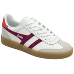 Angled view of white Gola sneakers with maroon stripes and gum sole.