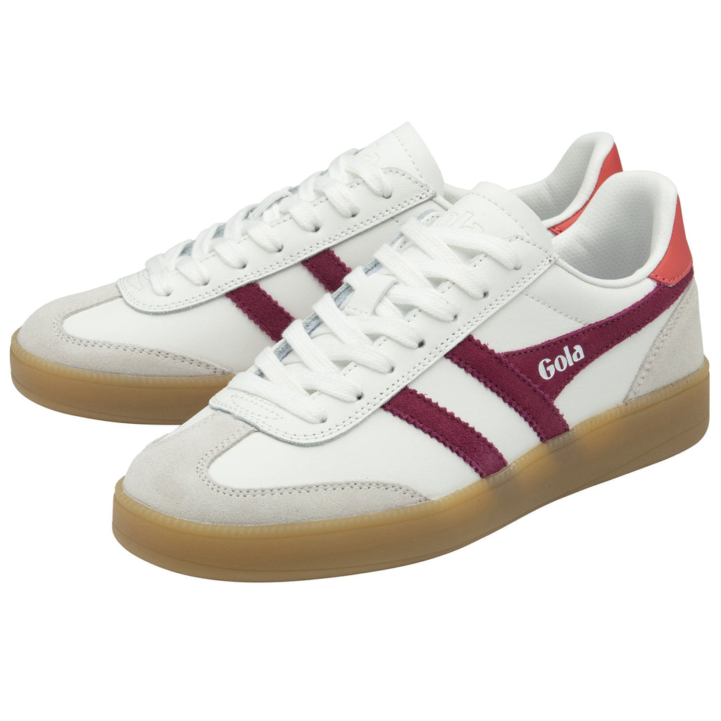 Pair of white Gola sneakers with maroon stripes and gum soles.