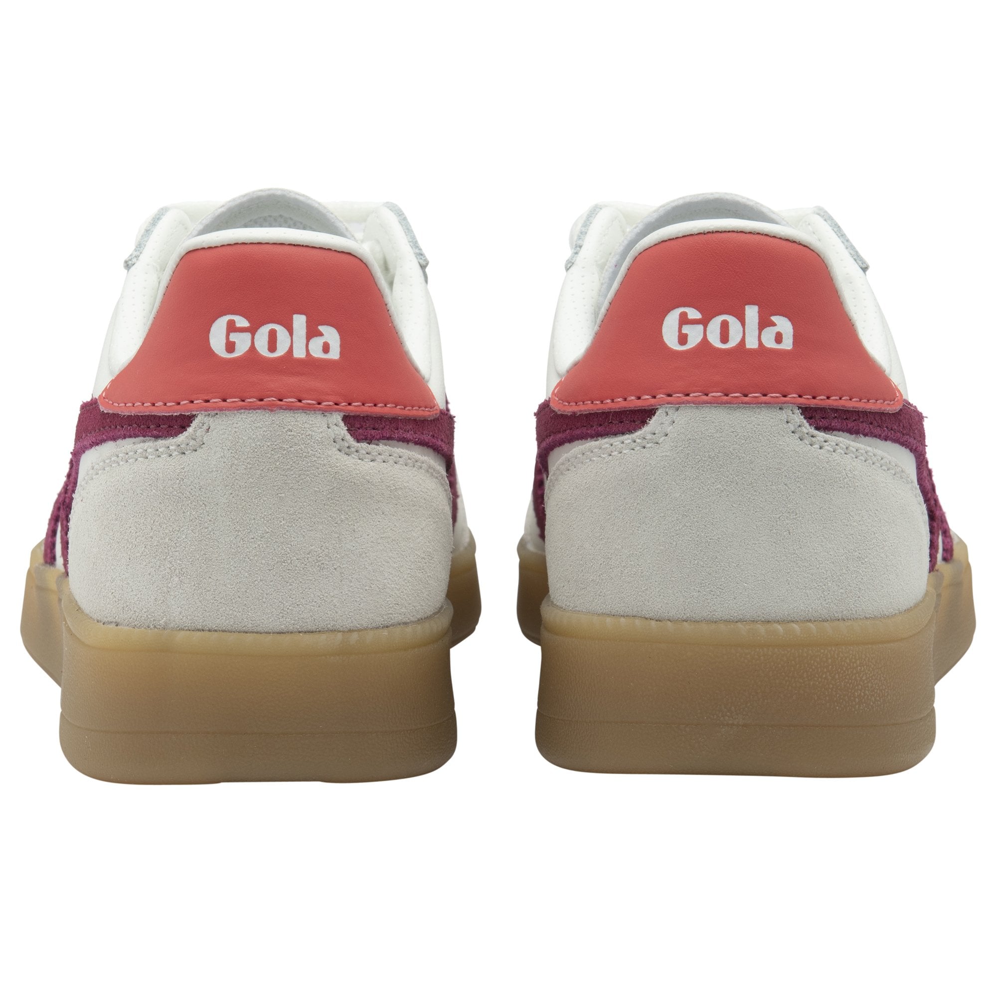 Rear view of two Gola sneakers, showing the maroon and white heel detail.