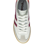 Top-down view of a white Gola sneaker with maroon stripes and white laces.