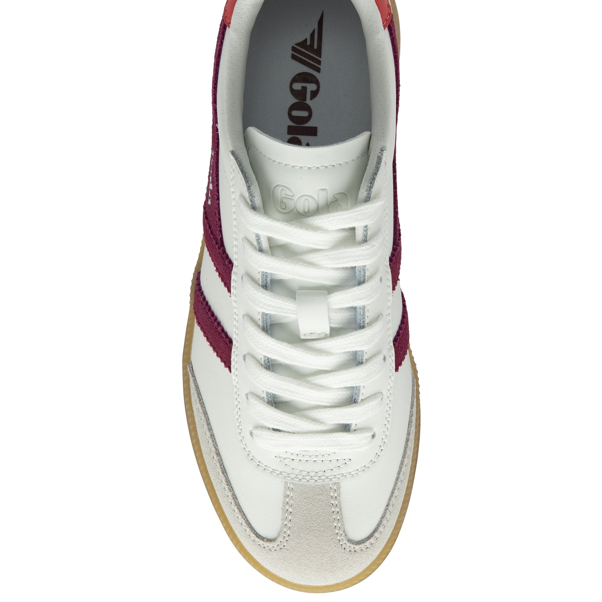 Top-down view of a white Gola sneaker with maroon stripes and white laces.