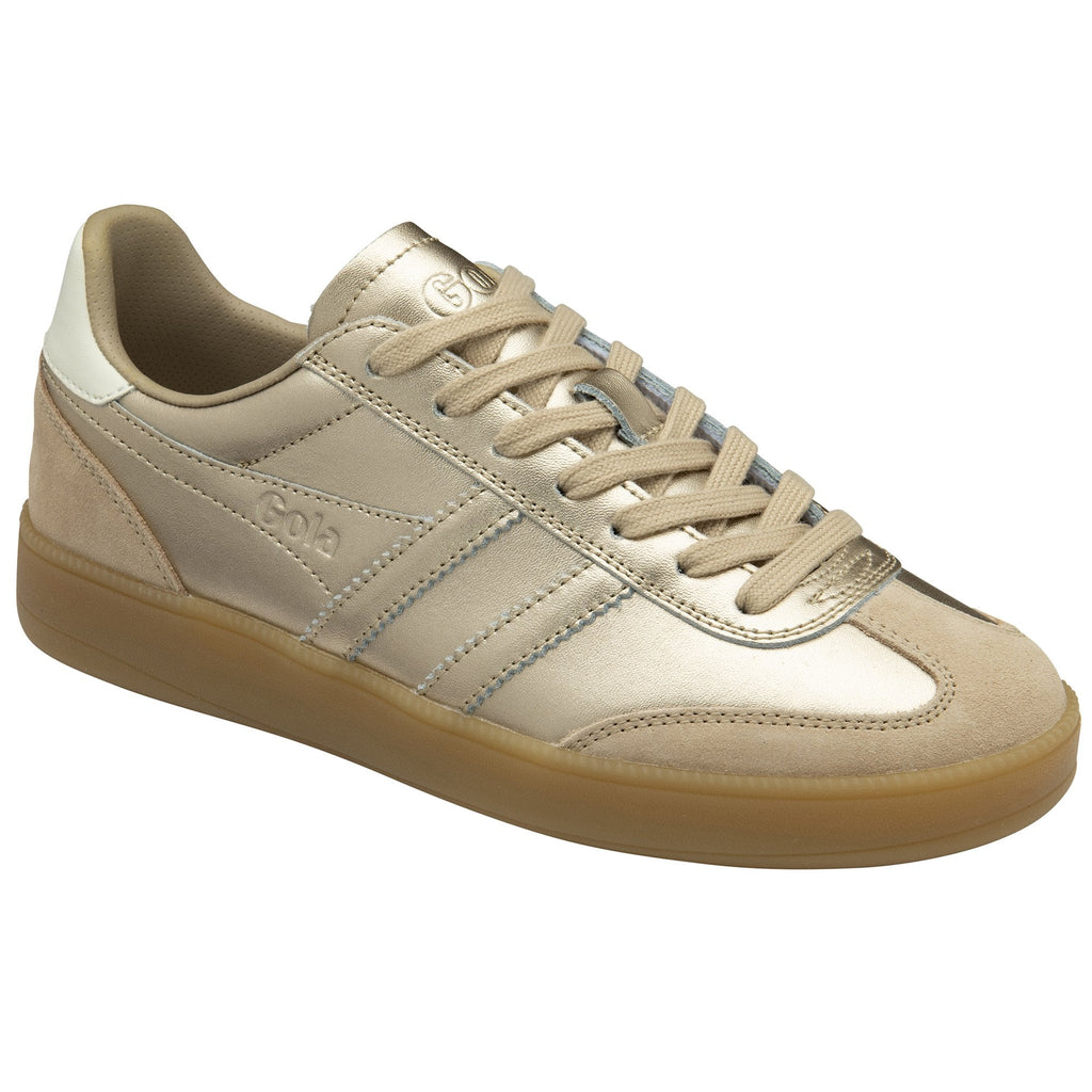 Gola women's low-top sneaker in metallic gold with tan suede accents and gum sole